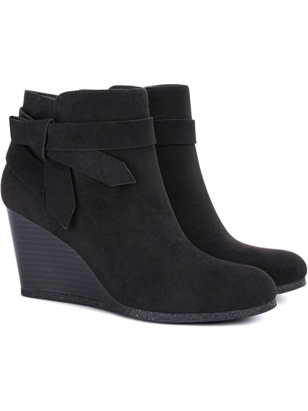 Women's Black Wedge Booties Fall Ankle Boots Tie Knot Stacked Heeled Side Zip